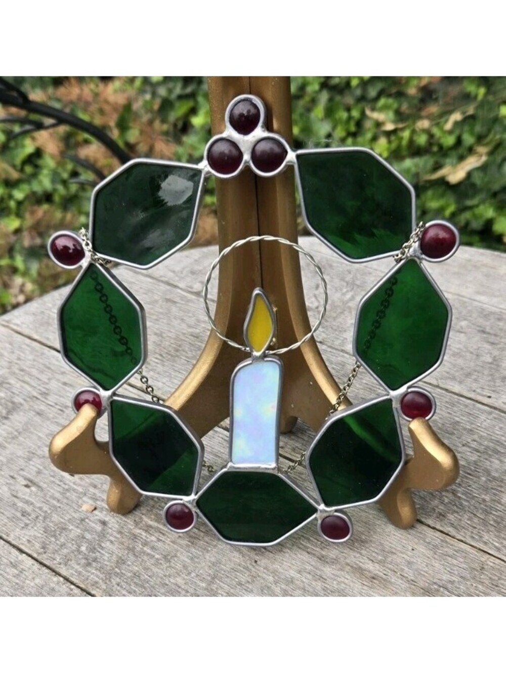 Vintage Stained Leaded Glass Christmas Holly Wreath & Candle Suncatcher 7X7"